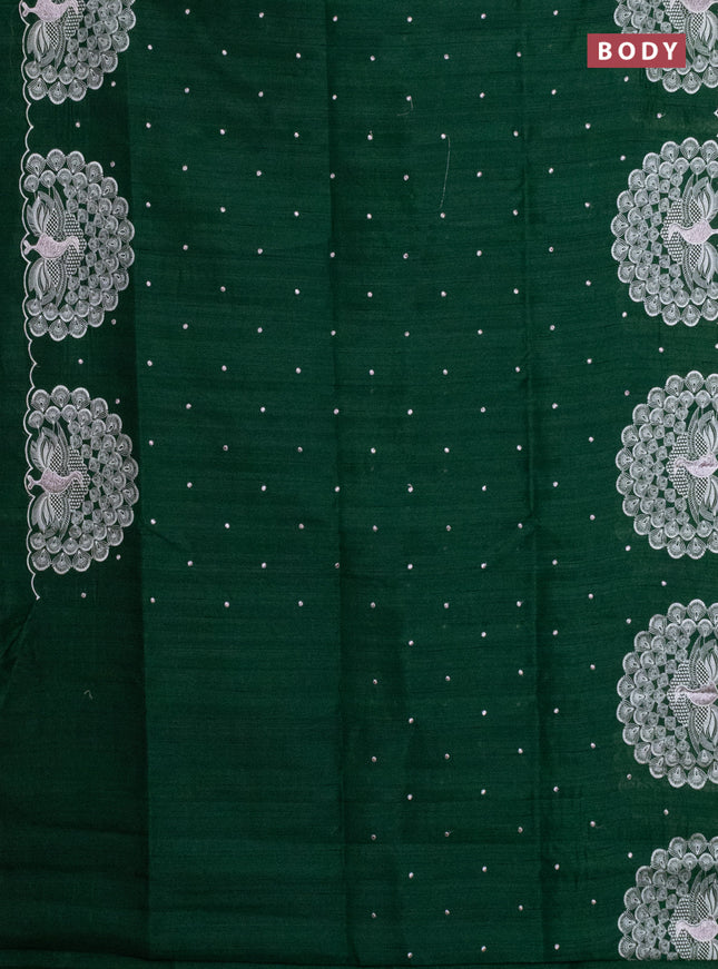 Semi raw silk saree dark green with embroidery work buttas and peacock embroidery border