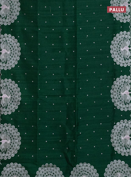 Semi raw silk saree dark green with embroidery work buttas and peacock embroidery border