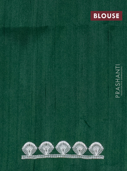 Semi raw silk saree dark green with embroidery work buttas and peacock embroidery border