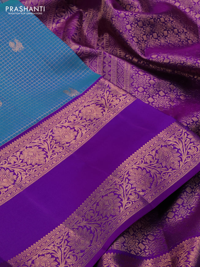 Pure kanchipuram silk saree dual shade of blue and purple with allover zari woven brocade weaves and rettapet copper zari woven border