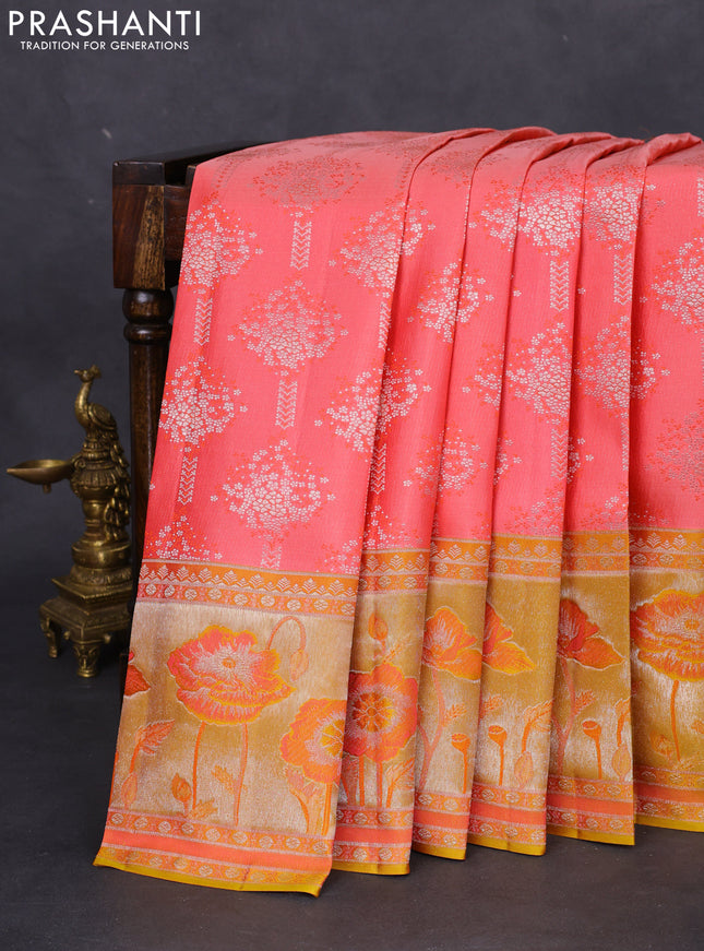 Pure kanchipuram silk saree peach shade and mustard yellow with allover silver zari woven brocade weaves and rich zari woven floral design border