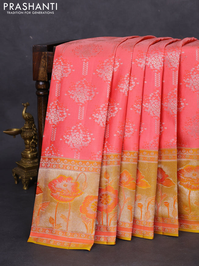 Pure kanchipuram silk saree peach shade and mustard yellow with allover silver zari woven brocade weaves and rich zari woven floral design border