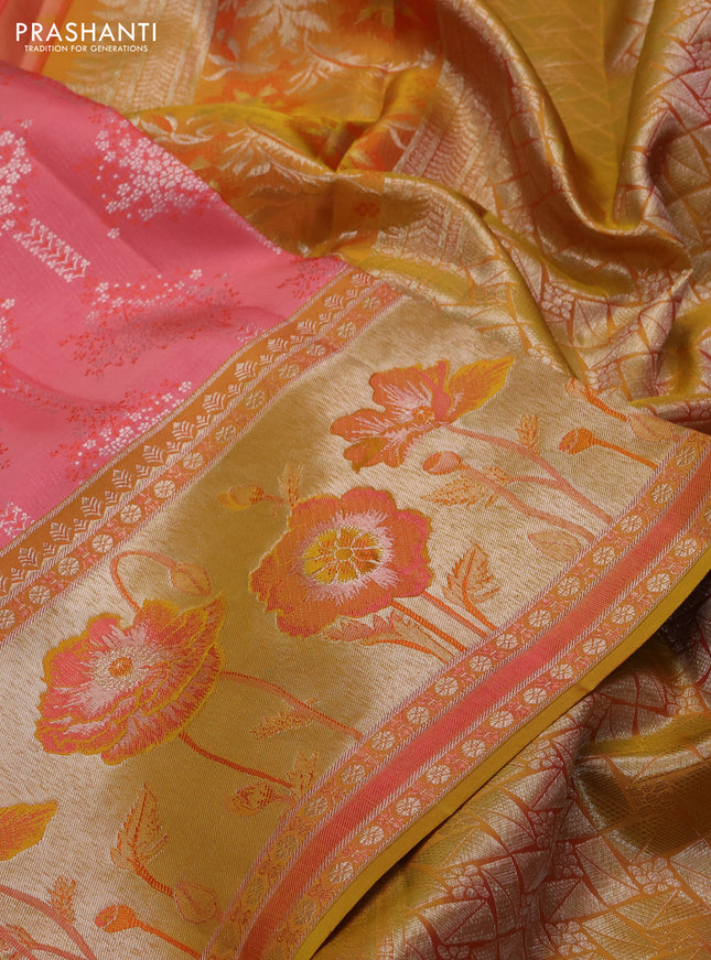 Pure kanchipuram silk saree peach shade and mustard yellow with allover silver zari woven brocade weaves and rich zari woven floral design border