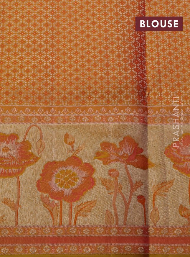 Pure kanchipuram silk saree peach shade and mustard yellow with allover silver zari woven brocade weaves and rich zari woven floral design border
