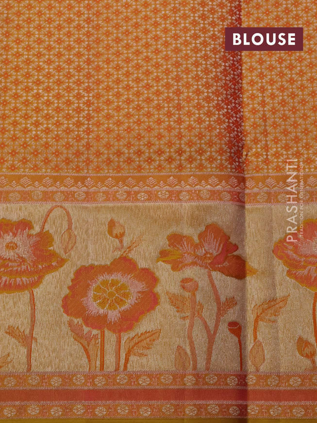 Pure kanchipuram silk saree peach shade and mustard yellow with allover silver zari woven brocade weaves and rich zari woven floral design border