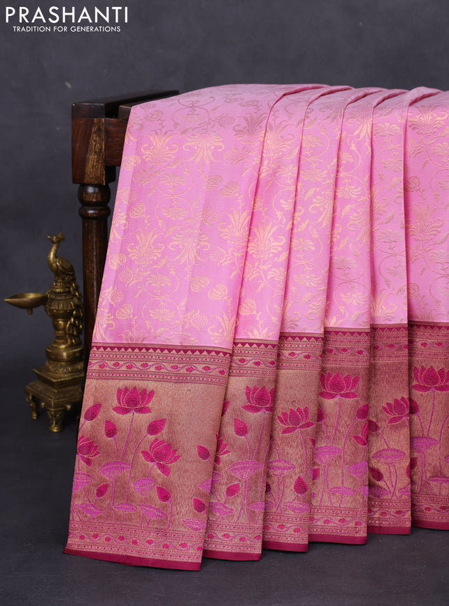 Pure kanchipuram silk saree lotus pink and dark magenta pink with allover zari woven brocade weaves and rich zari woven pichwai style border