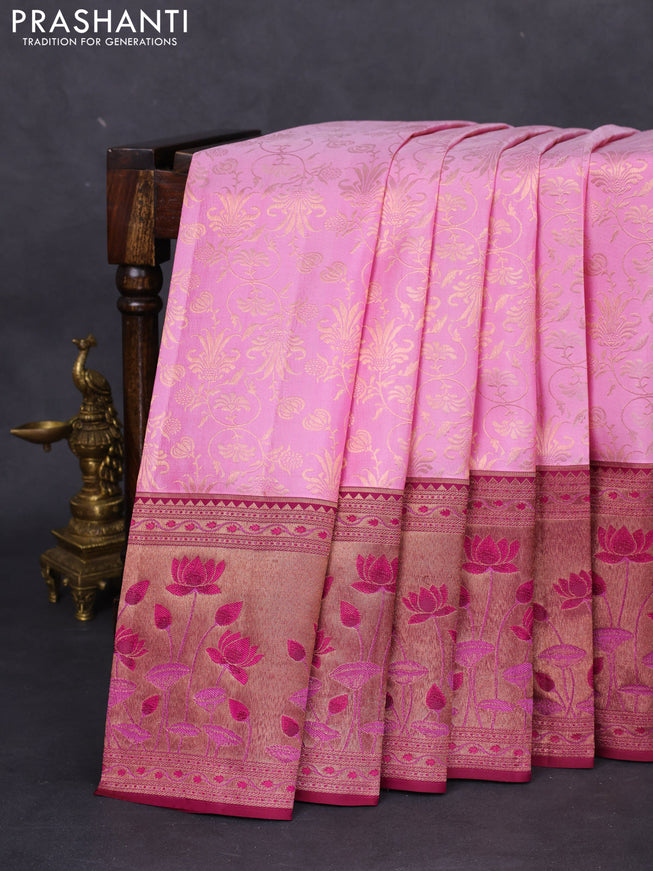 Pure kanchipuram silk saree lotus pink and dark magenta pink with allover zari woven brocade weaves and rich zari woven pichwai style border