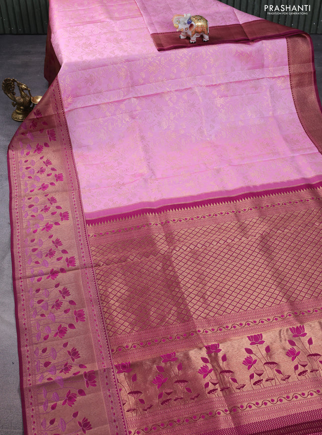 Pure kanchipuram silk saree lotus pink and dark magenta pink with allover zari woven brocade weaves and rich zari woven pichwai style border