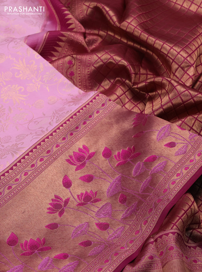 Pure kanchipuram silk saree lotus pink and dark magenta pink with allover zari woven brocade weaves and rich zari woven pichwai style border