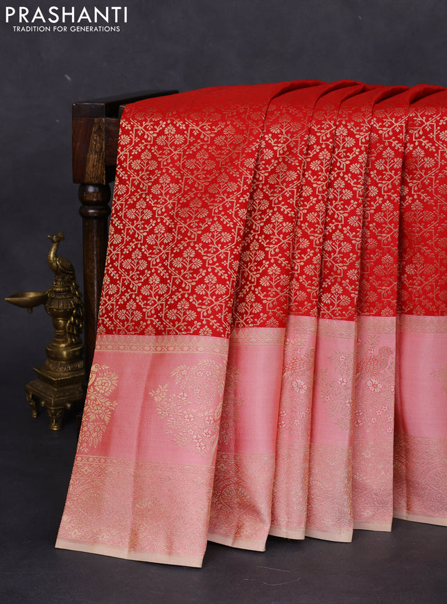 Pure kanchipuram silk saree red and pastel peach shade with allover zari woven brocade weaves and rich zari woven bird butta border