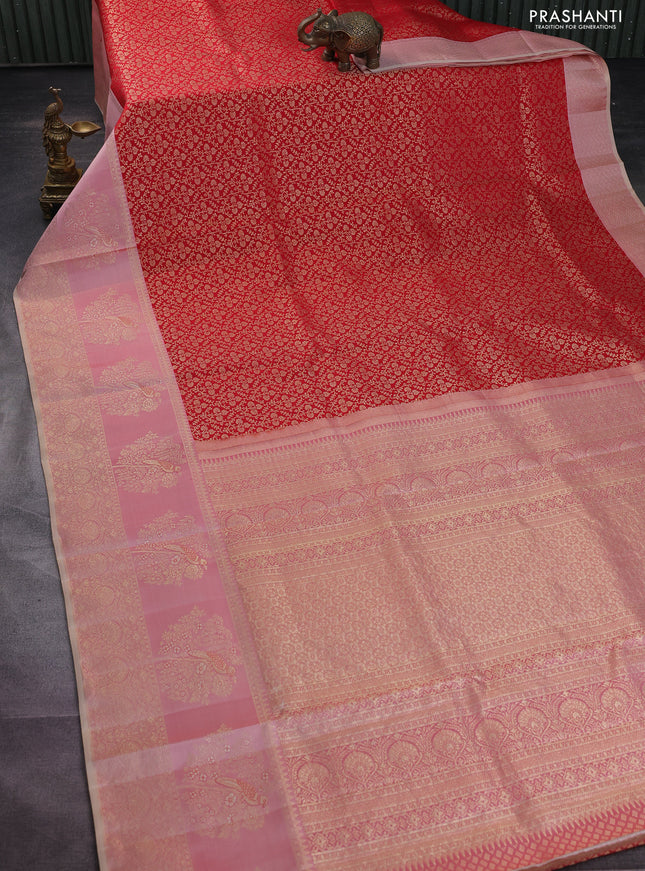 Pure kanchipuram silk saree red and pastel peach shade with allover zari woven brocade weaves and rich zari woven bird butta border
