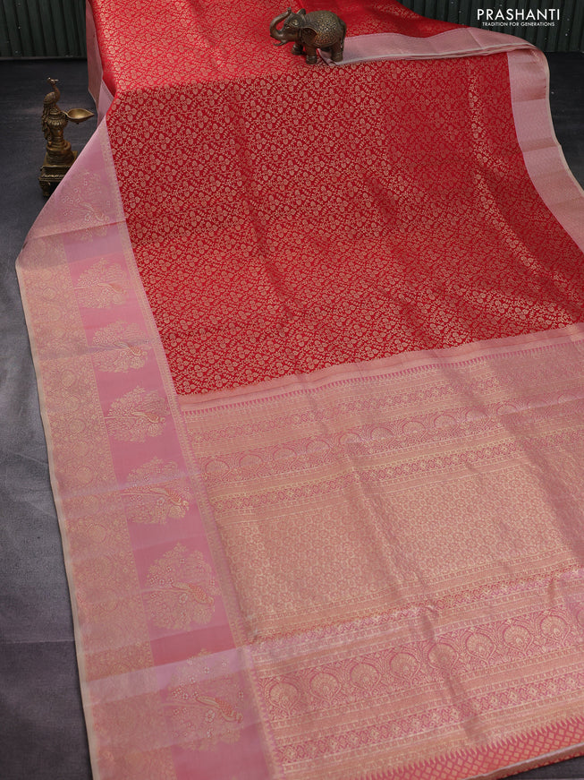 Pure kanchipuram silk saree red and pastel peach shade with allover zari woven brocade weaves and rich zari woven bird butta border