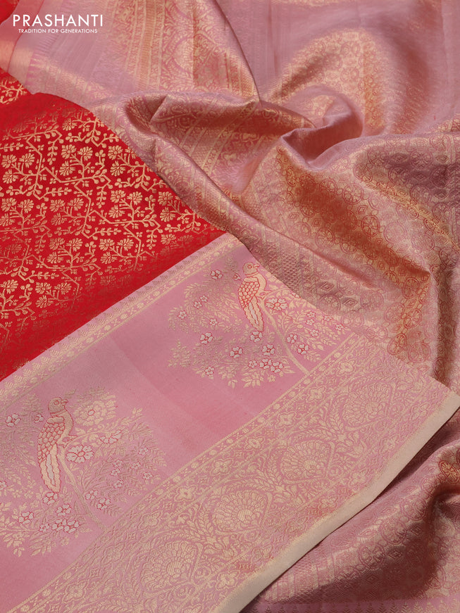 Pure kanchipuram silk saree red and pastel peach shade with allover zari woven brocade weaves and rich zari woven bird butta border