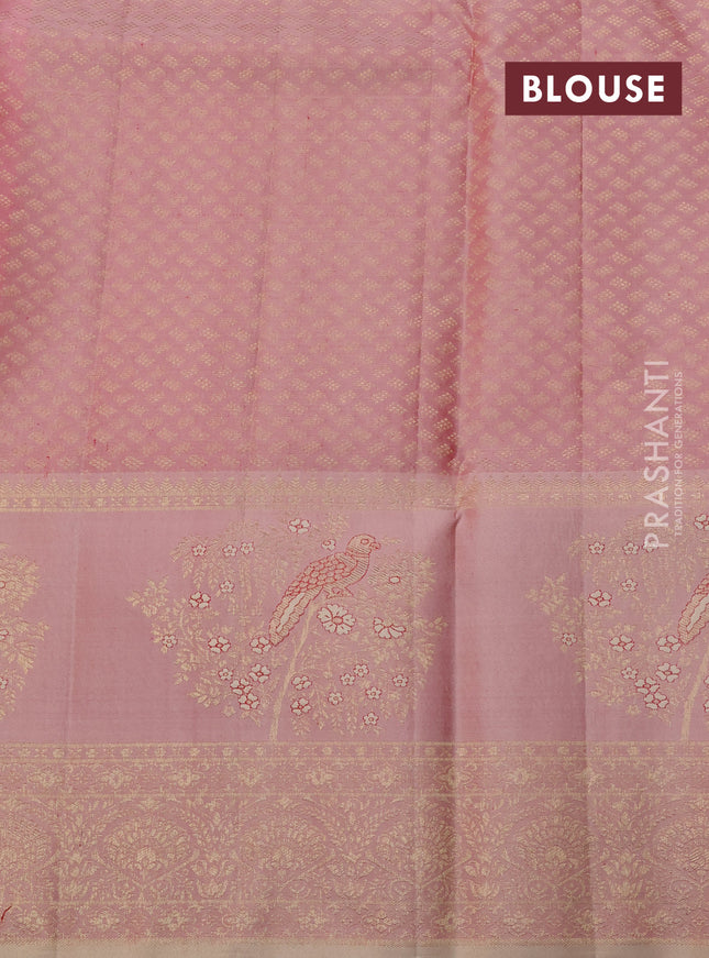 Pure kanchipuram silk saree red and pastel peach shade with allover zari woven brocade weaves and rich zari woven bird butta border