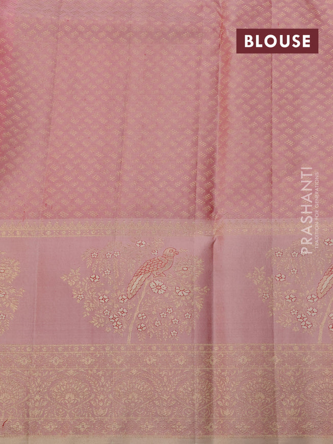 Pure kanchipuram silk saree red and pastel peach shade with allover zari woven brocade weaves and rich zari woven bird butta border