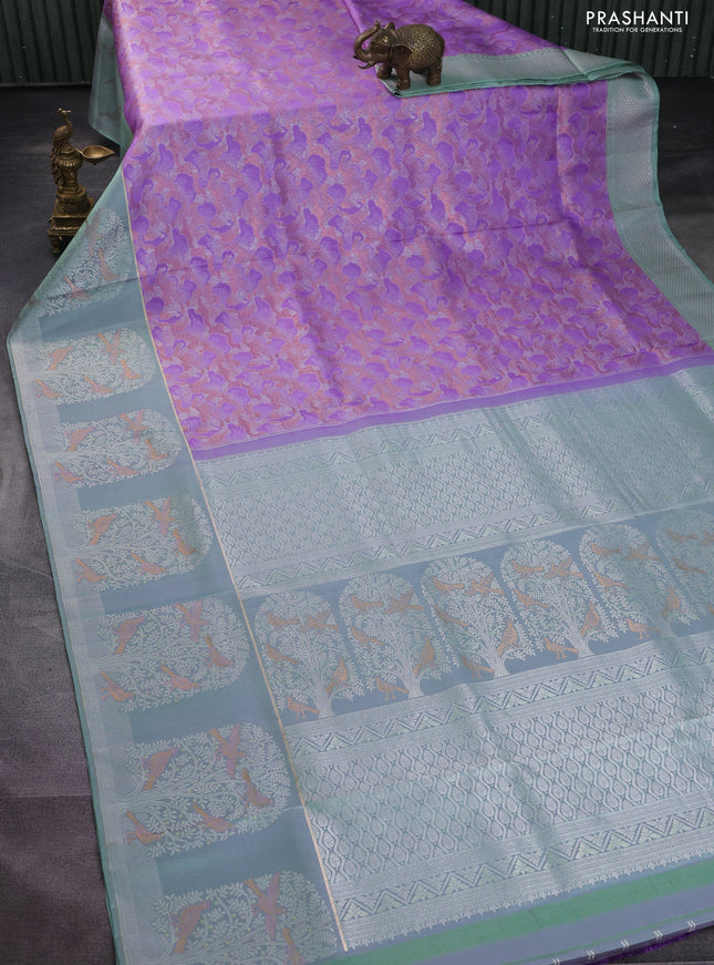Pure kanchipuram silk saree lavender and pastel green with allover silver & copper zari woven brocade weaves and long silver zari woven bird butta border