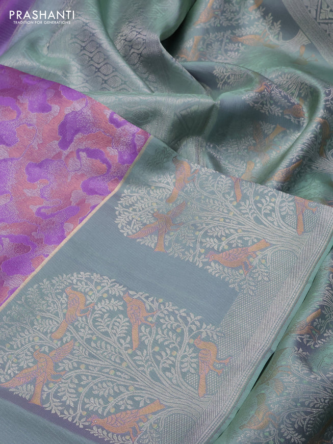Pure kanchipuram silk saree lavender and pastel green with allover silver & copper zari woven brocade weaves and long silver zari woven bird butta border