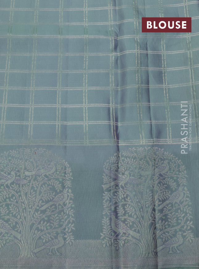 Pure kanchipuram silk saree lavender and pastel green with allover silver & copper zari woven brocade weaves and long silver zari woven bird butta border