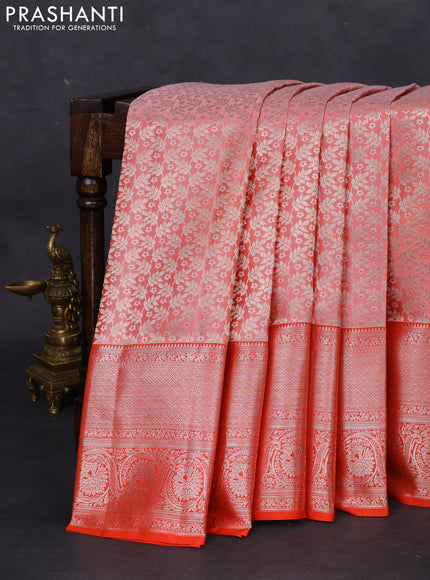 Pure kanchipuram silk saree peach shade and orange with allover silver zari woven brocade weaves and long rich zari woven border
