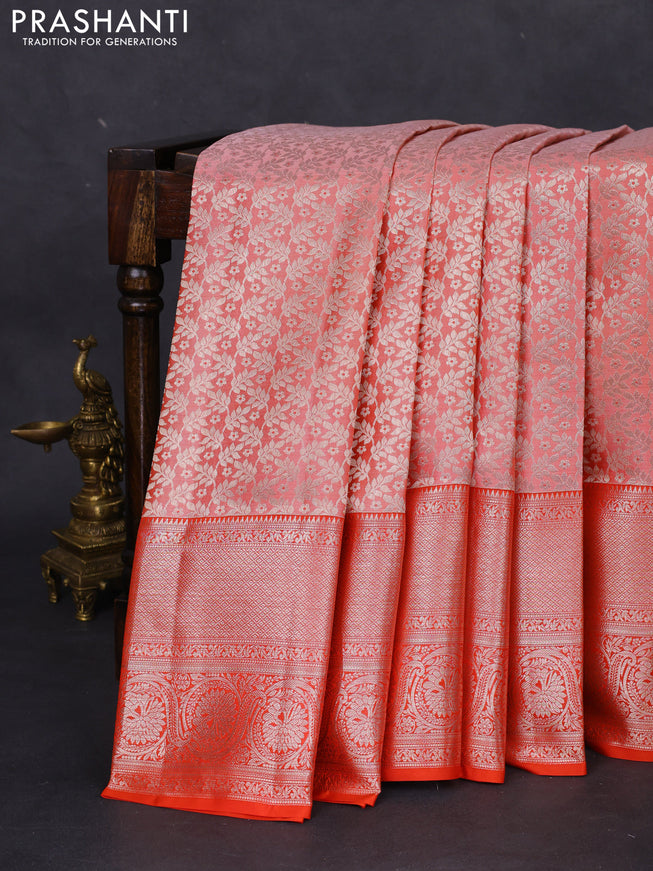 Pure kanchipuram silk saree peach shade and orange with allover silver zari woven brocade weaves and long rich zari woven border