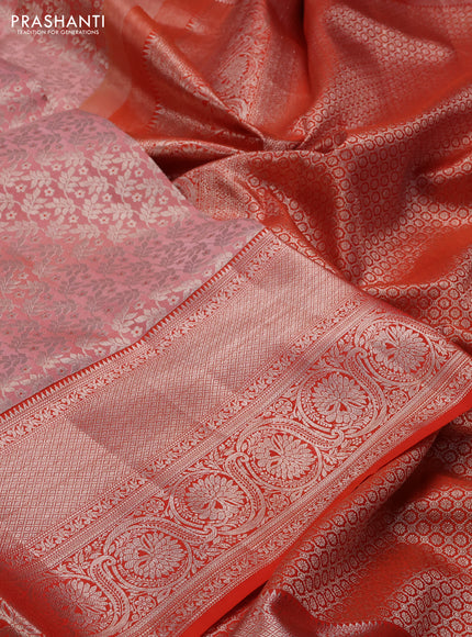 Pure kanchipuram silk saree peach shade and orange with allover silver zari woven brocade weaves and long rich zari woven border