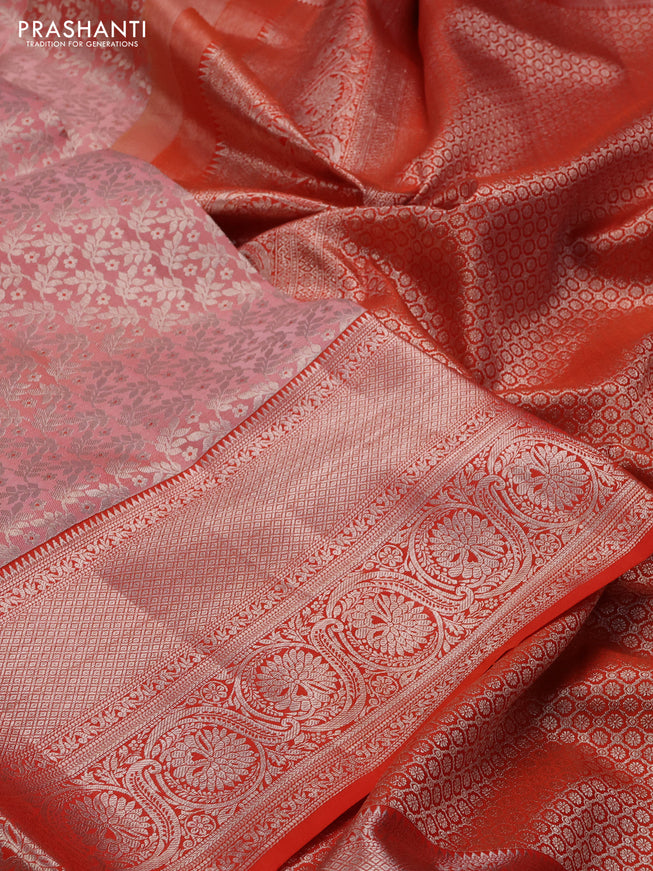 Pure kanchipuram silk saree peach shade and orange with allover silver zari woven brocade weaves and long rich zari woven border