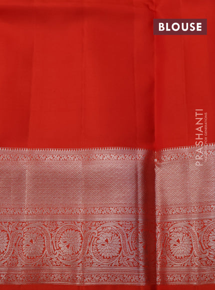 Pure kanchipuram silk saree peach shade and orange with allover silver zari woven brocade weaves and long rich zari woven border