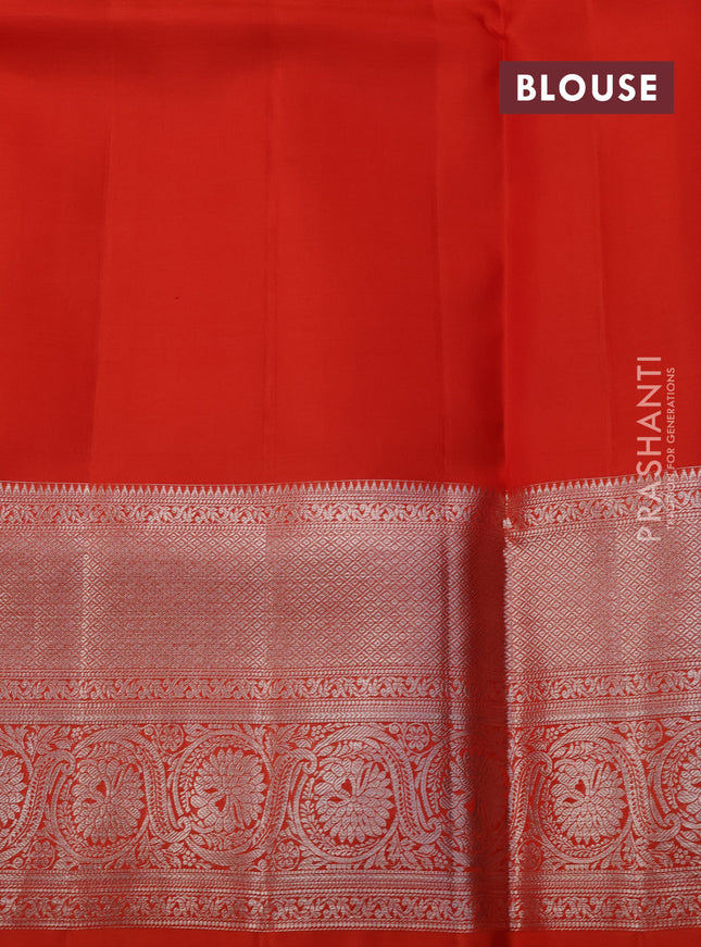Pure kanchipuram silk saree peach shade and orange with allover silver zari woven brocade weaves and long rich zari woven border