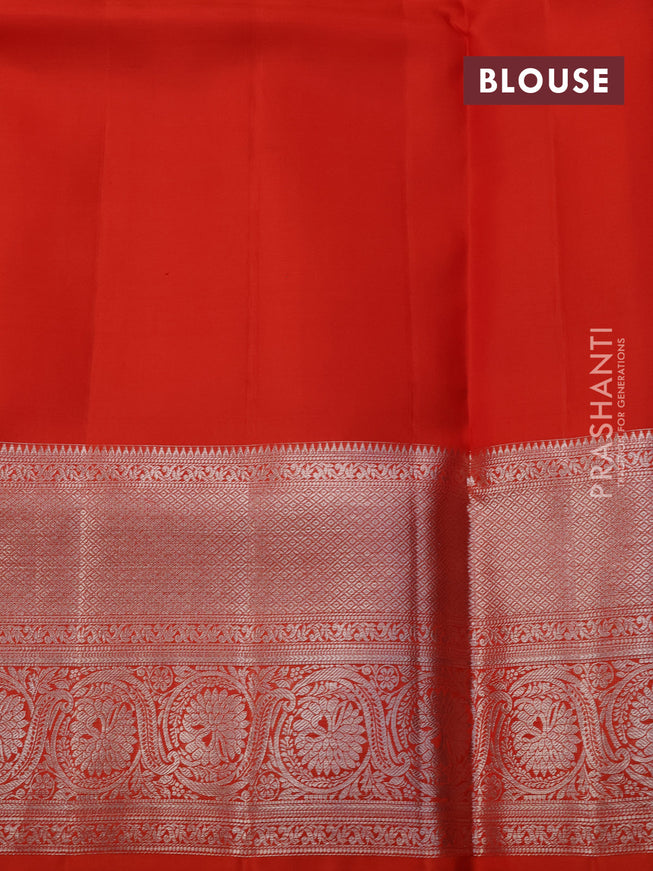 Pure kanchipuram silk saree peach shade and orange with allover silver zari woven brocade weaves and long rich zari woven border
