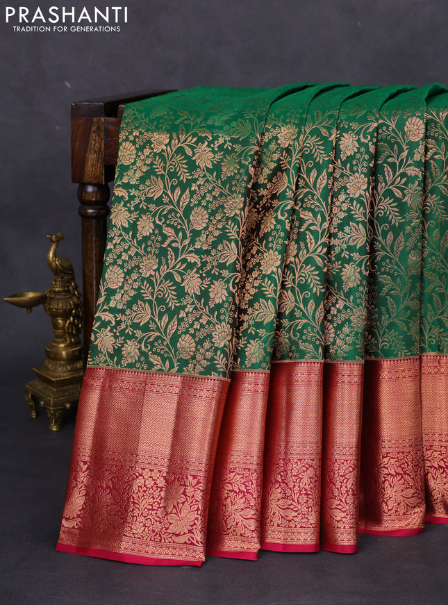 Pure kanchipuram silk saree green and magenta pink with allover zari woven brocade weaves and rich zari woven border
