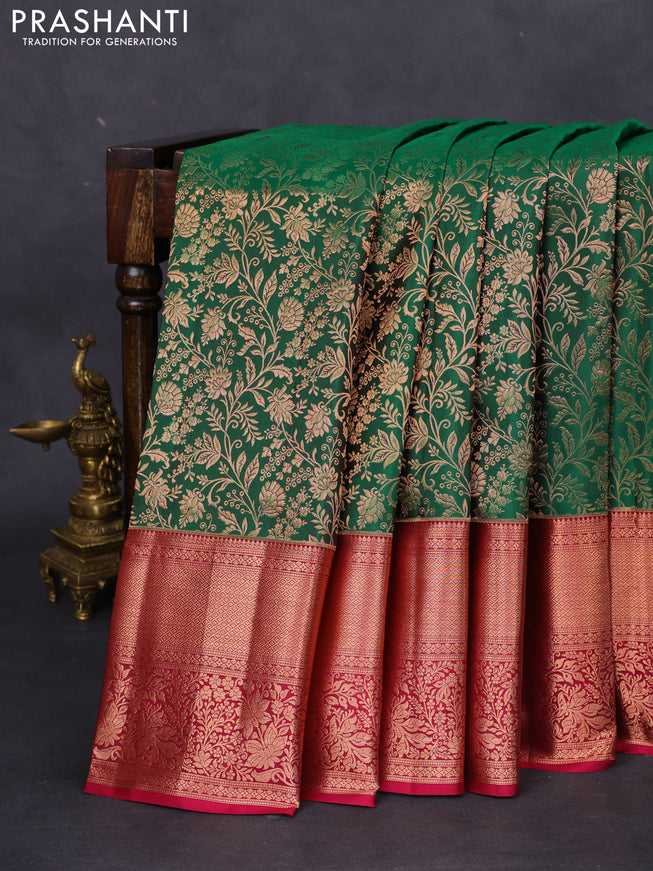 Pure kanchipuram silk saree green and magenta pink with allover zari woven brocade weaves and rich zari woven border
