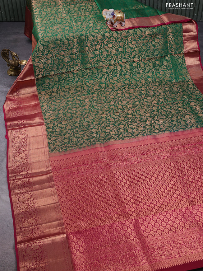 Pure kanchipuram silk saree green and magenta pink with allover zari woven brocade weaves and rich zari woven border