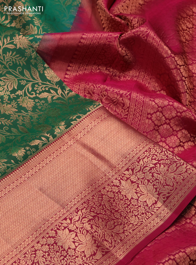 Pure kanchipuram silk saree green and magenta pink with allover zari woven brocade weaves and rich zari woven border