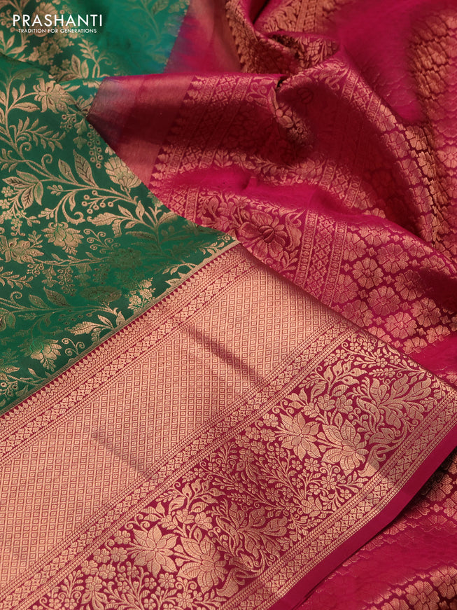 Pure kanchipuram silk saree green and magenta pink with allover zari woven brocade weaves and rich zari woven border