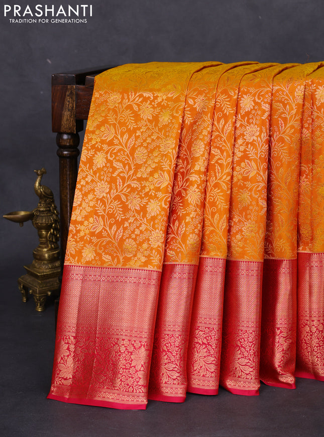 Pure kanchipuram silk saree mustard yellow and pink with allover zari woven floral brocade weaves and long rich zari woven border
