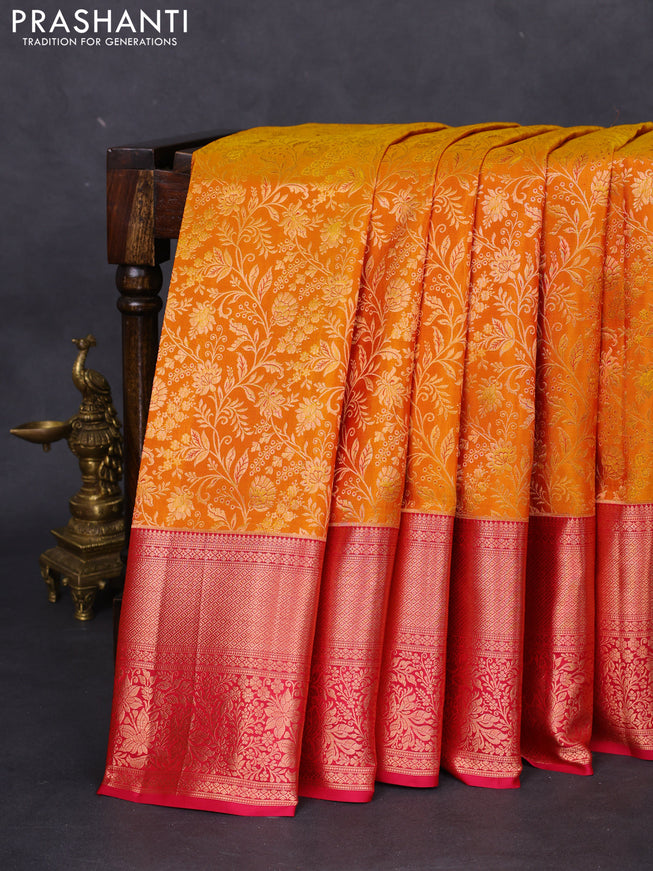 Pure kanchipuram silk saree mustard yellow and pink with allover zari woven floral brocade weaves and long rich zari woven border