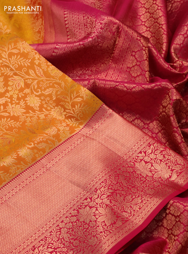 Pure kanchipuram silk saree mustard yellow and pink with allover zari woven floral brocade weaves and long rich zari woven border