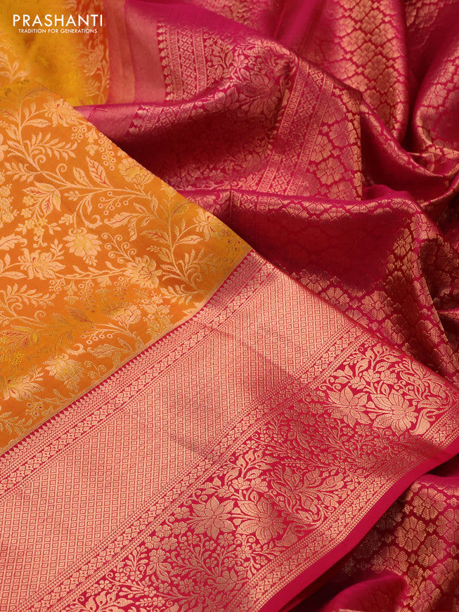 Pure kanchipuram silk saree mustard yellow and pink with allover zari woven floral brocade weaves and long rich zari woven border