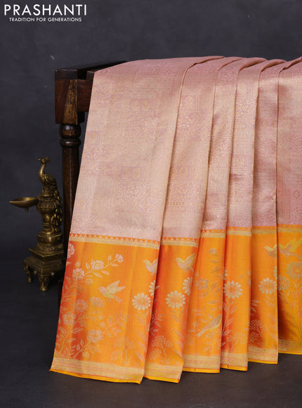 Pure kanchipuram silk saree mild peach and mustard yellow with allover zari woven brocade weaves and rich zari woven border