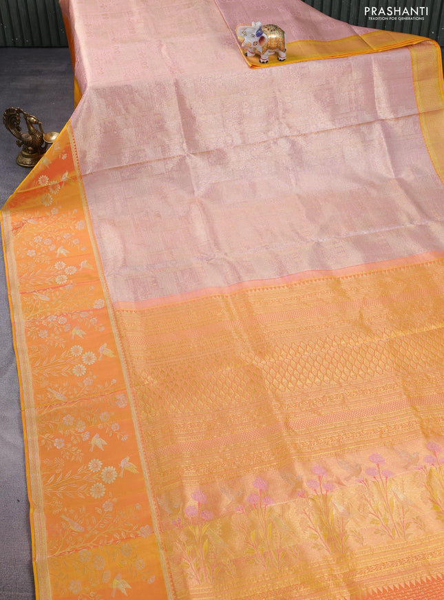 Pure kanchipuram silk saree mild peach and mustard yellow with allover zari woven brocade weaves and rich zari woven border