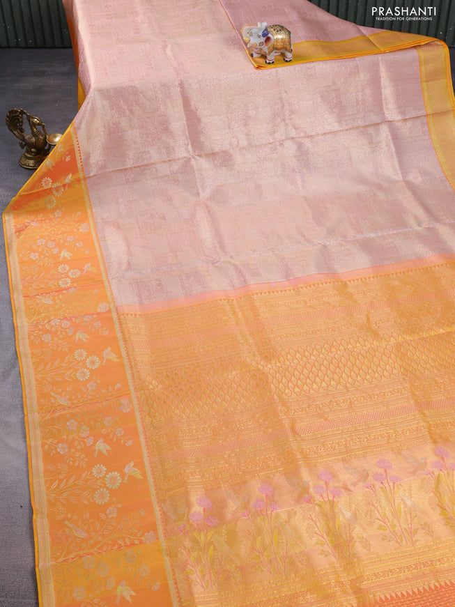 Pure kanchipuram silk saree mild peach and mustard yellow with allover zari woven brocade weaves and rich zari woven border