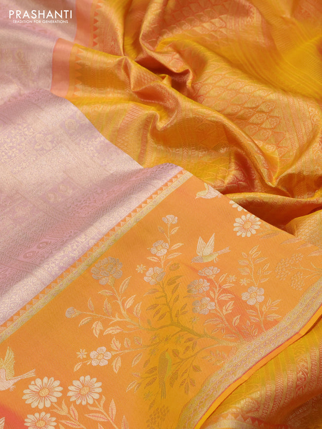 Pure kanchipuram silk saree mild peach and mustard yellow with allover zari woven brocade weaves and rich zari woven border