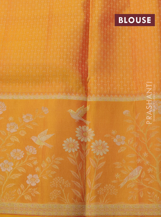 Pure kanchipuram silk saree mild peach and mustard yellow with allover zari woven brocade weaves and rich zari woven border