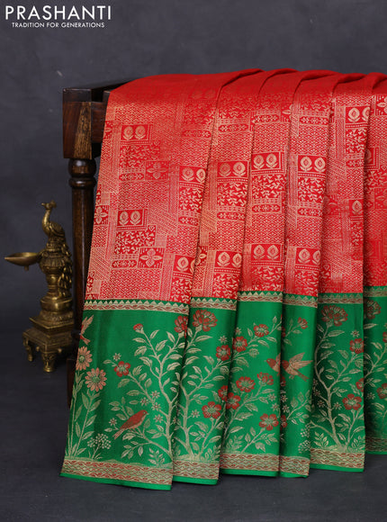 Pure kanchipuram silk saree red and green with allover zari woven brocade weaves and rich zari woven border