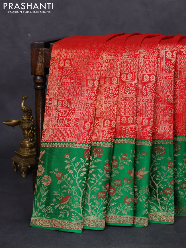 Pure kanchipuram silk saree red and green with allover zari woven brocade weaves and rich zari woven border