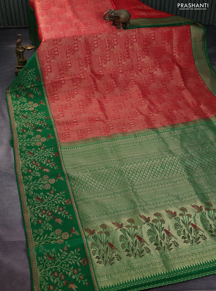 Pure kanchipuram silk saree red and green with allover zari woven brocade weaves and rich zari woven border
