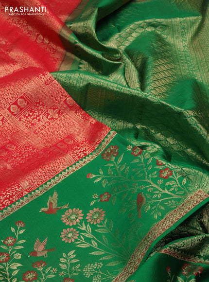 Pure kanchipuram silk saree red and green with allover zari woven brocade weaves and rich zari woven border