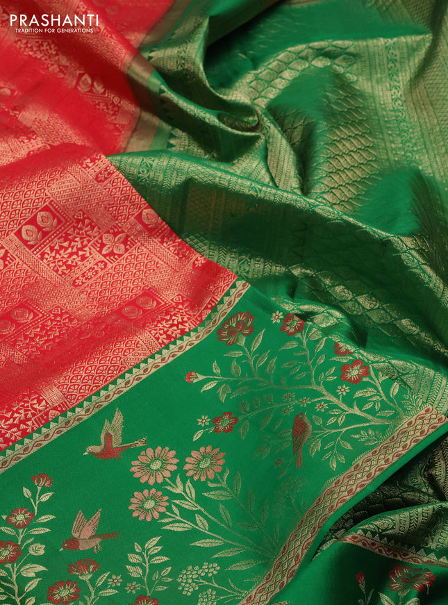 Pure kanchipuram silk saree red and green with allover zari woven brocade weaves and rich zari woven border