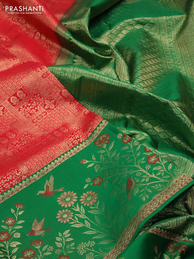 Pure kanchipuram silk saree red and green with allover zari woven brocade weaves and rich zari woven border