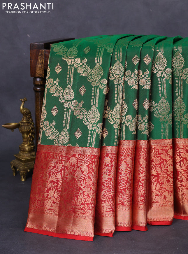 Pure kanchipuram silk saree green and maroon with allover zari woven brocade weaves and rich zari woven border